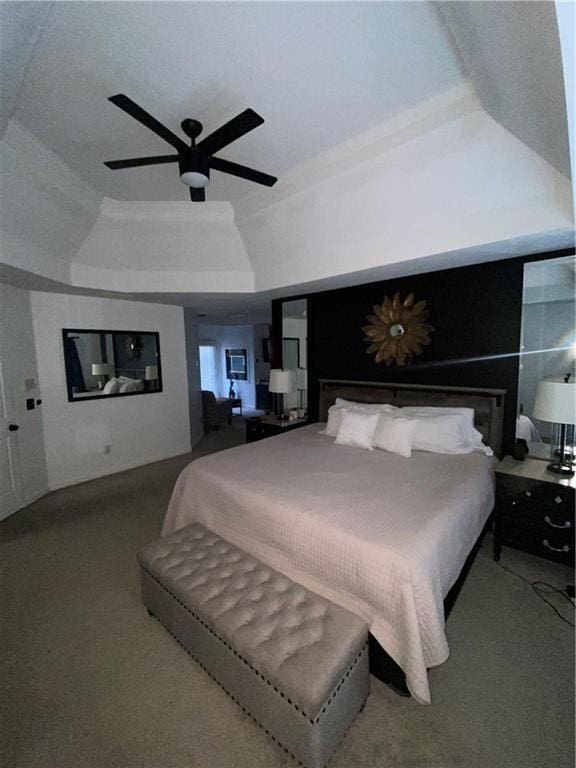 carpeted bedroom featuring a tray ceiling and a ceiling fan