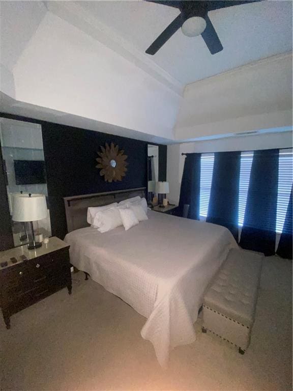 bedroom with a tray ceiling and a ceiling fan