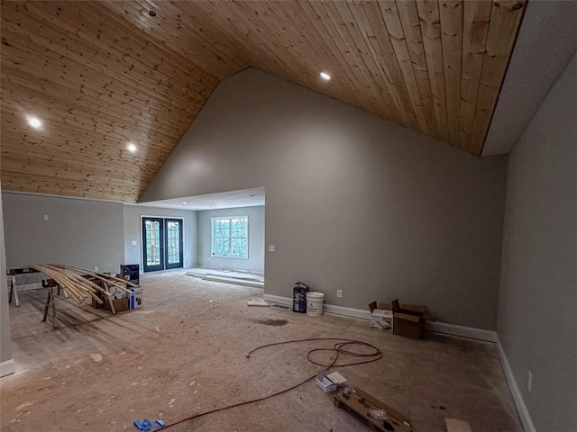 additional living space featuring high vaulted ceiling, french doors, wooden ceiling, and baseboards