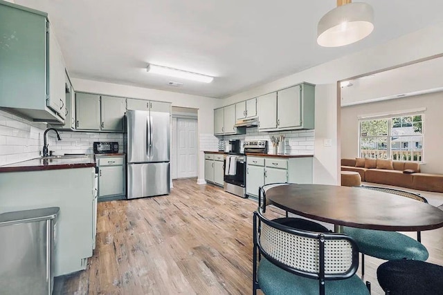kitchen with a sink, under cabinet range hood, tasteful backsplash, appliances with stainless steel finishes, and light wood finished floors
