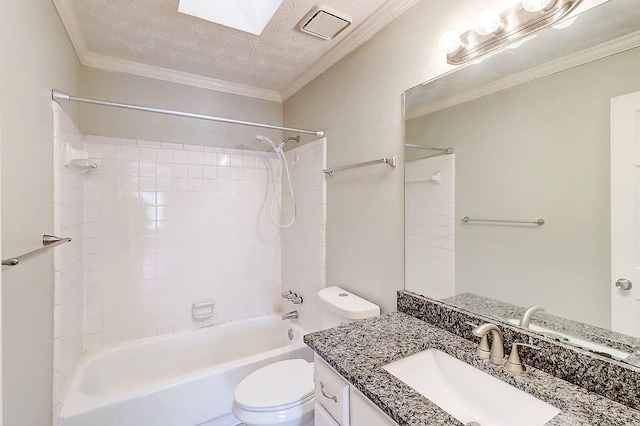 full bathroom featuring toilet, a textured ceiling,  shower combination, crown molding, and vanity