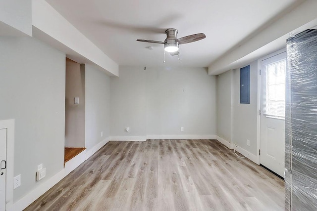 empty room with ceiling fan and light hardwood / wood-style floors