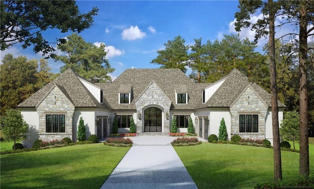 french country home with a front lawn