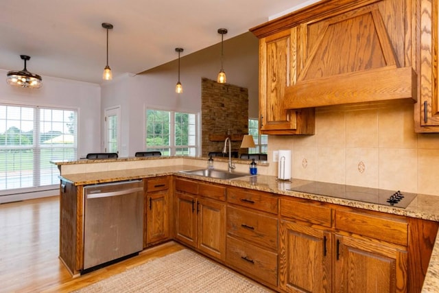 kitchen featuring black electric cooktop, sink, stainless steel dishwasher, and kitchen peninsula