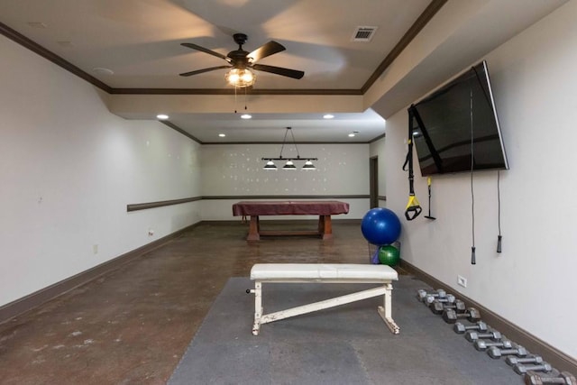 interior space with pool table, ornamental molding, and ceiling fan