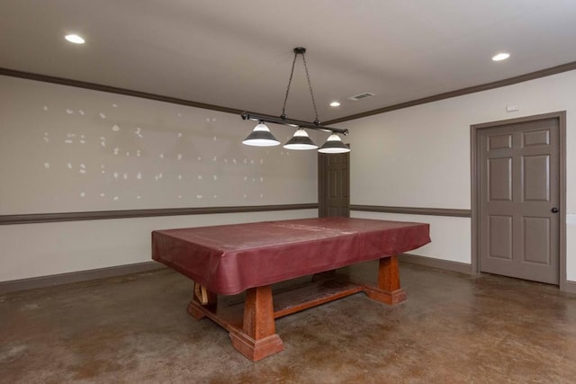 recreation room featuring crown molding, billiards, and concrete floors