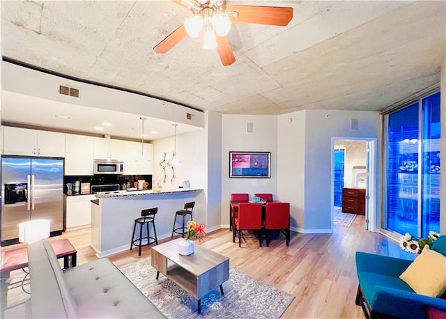 living room with light hardwood / wood-style floors and ceiling fan