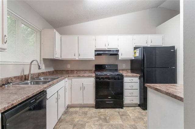 4766 White Oak Path, Stone Mountain, GA 30088 - kitchen with black appliances, under cabinet range hood, a sink, vaulted ceiling, and white cabinets