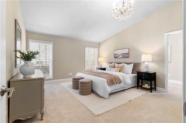 bedroom featuring light carpet, multiple windows, baseboards, and lofted ceiling