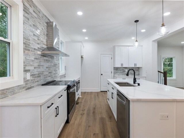 kitchen with pendant lighting, sink, wall chimney exhaust hood, white cabinetry, and appliances with stainless steel finishes