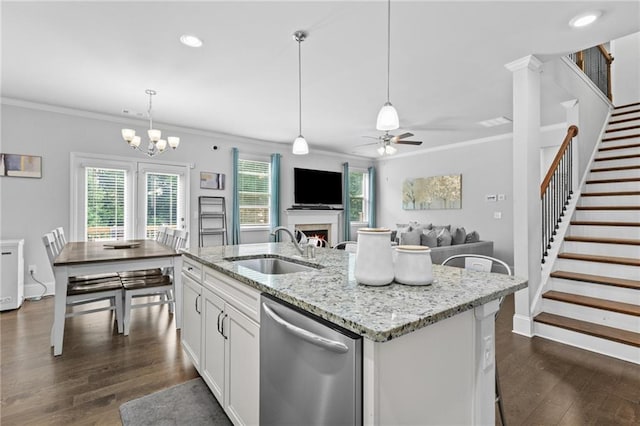 4568 Mantova Dr, Buford, GA 30519 - kitchen featuring dishwasher, a sink, ornamental molding, dark wood finished floors, and ceiling fan