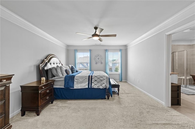 4568 Mantova Dr, Buford, GA 30519 - bedroom with ornamental molding, baseboards, light carpet, and ceiling fan