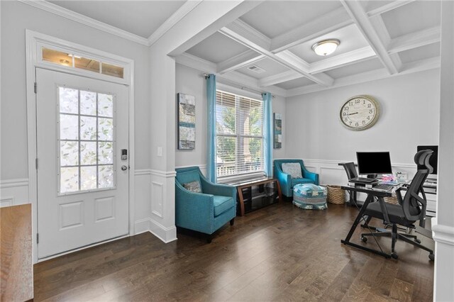 4568 Mantova Dr, Buford, GA 30519 - office featuring wood finished floors, beamed ceiling, wainscoting, coffered ceiling, and ornamental molding