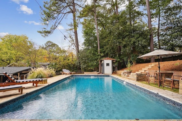 view of pool featuring a shed