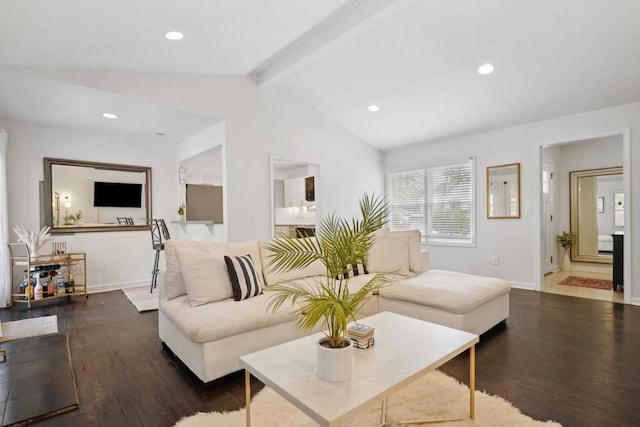 living room with lofted ceiling with beams and dark hardwood / wood-style flooring