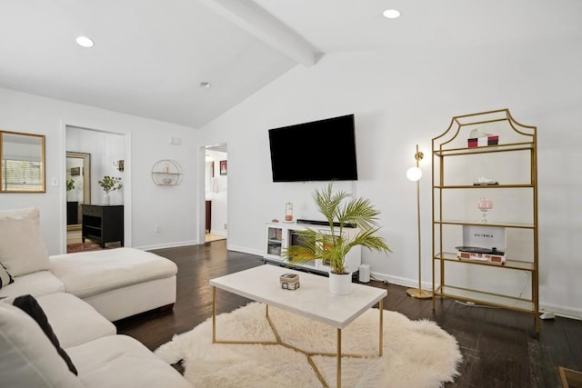 living room with vaulted ceiling with beams and dark hardwood / wood-style floors