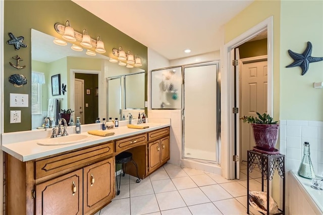 180 Moseley Crossing Dr, Stockbridge, GA 30281 - full bathroom with a shower stall, double vanity, and tile patterned floors