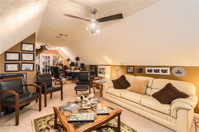 180 Moseley Crossing Dr, Stockbridge, GA 30281 - living area with light colored carpet, vaulted ceiling, a textured ceiling, ceiling fan, and an office area