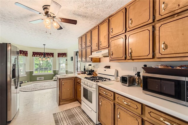 180 Moseley Crossing Dr, Stockbridge, GA 30281 - kitchen featuring appliances with stainless steel finishes, brown cabinetry, under cabinet range hood, a textured ceiling, and light countertops