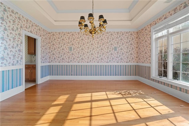 5414 Price Rd, Gainesville, GA 30506 - unfurnished dining area with a tray ceiling, a chandelier, wainscoting, and wallpapered walls