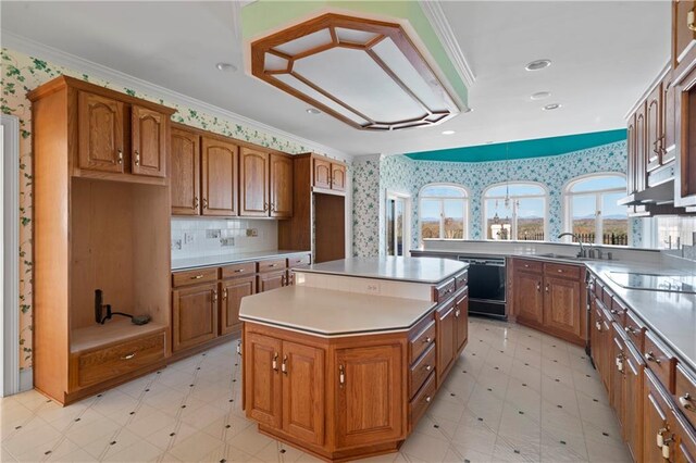 5414 Price Rd, Gainesville, GA 30506 - kitchen featuring brown cabinets, light floors, black appliances, and wallpapered walls