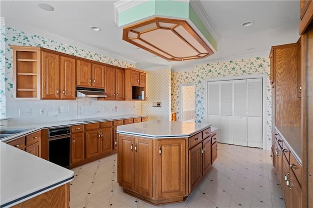 5414 Price Rd, Gainesville, GA 30506 - kitchen with under cabinet range hood, light floors, wallpapered walls, and brown cabinetry