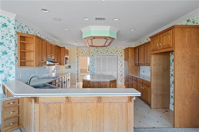 5414 Price Rd, Gainesville, GA 30506 - kitchen with under cabinet range hood, visible vents, wallpapered walls, and a sink
