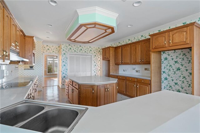 5414 Price Rd, Gainesville, GA 30506 - kitchen with under cabinet range hood, a sink, crown molding, wallpapered walls, and black electric cooktop