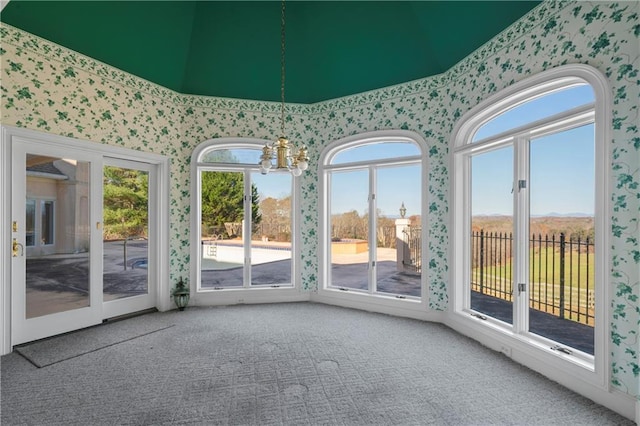 5414 Price Rd, Gainesville, GA 30506 - interior space featuring carpet, a chandelier, and wallpapered walls