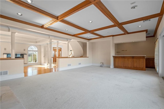 5414 Price Rd, Gainesville, GA 30506 - unfurnished living room featuring visible vents, beamed ceiling, coffered ceiling, baseboards, and ornate columns