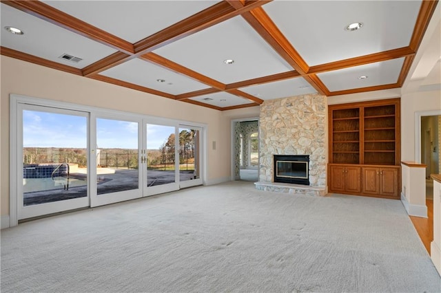 5414 Price Rd, Gainesville, GA 30506 - unfurnished living room featuring visible vents, coffered ceiling, baseboards, beam ceiling, and a fireplace