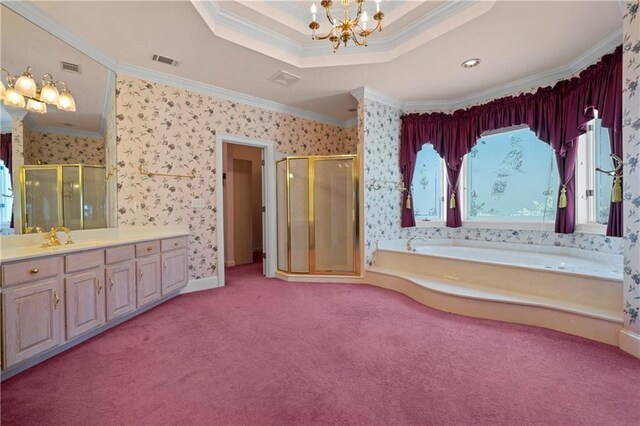 5414 Price Rd, Gainesville, GA 30506 - full bath featuring visible vents, wallpapered walls, crown molding, a stall shower, and a notable chandelier