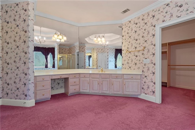 5414 Price Rd, Gainesville, GA 30506 - bathroom with visible vents, a notable chandelier, ornamental molding, and wallpapered walls
