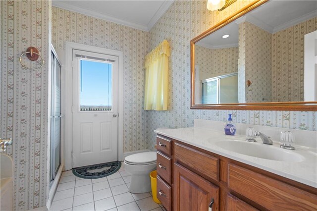 5414 Price Rd, Gainesville, GA 30506 - bathroom with wallpapered walls, ornamental molding, a stall shower, tile patterned floors, and vanity