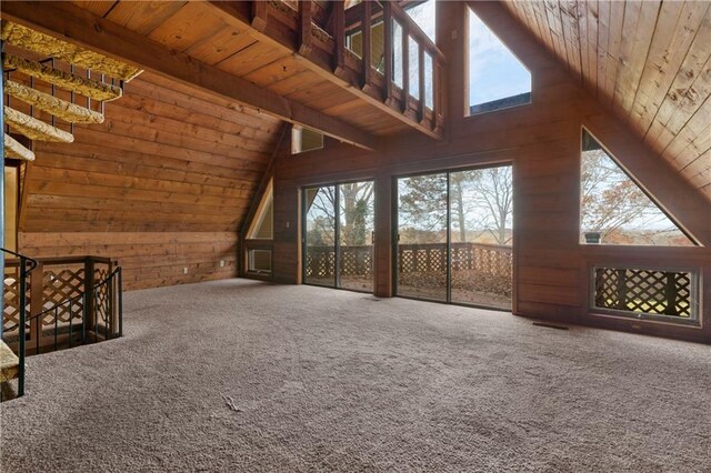 5414 Price Rd, Gainesville, GA 30506 - additional living space featuring wooden walls, visible vents, lofted ceiling with beams, wood ceiling, and carpet flooring