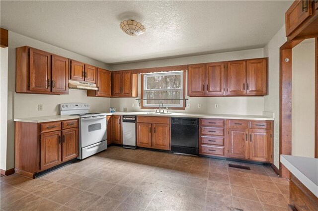 5414 Price Rd, Gainesville, GA 30506 - kitchen with under cabinet range hood, black dishwasher, white range with electric stovetop, brown cabinetry, and light countertops