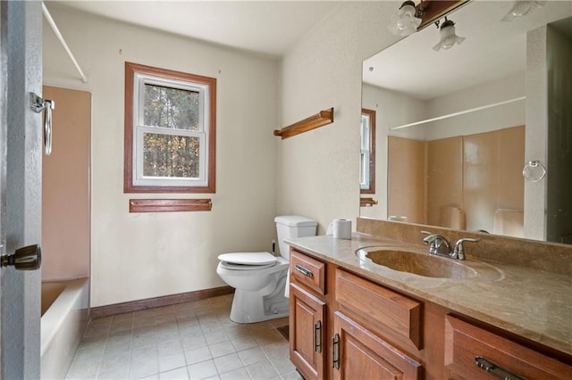 5414 Price Rd, Gainesville, GA 30506 - bathroom with tile patterned flooring, baseboards, toilet, bathing tub / shower combination, and vanity