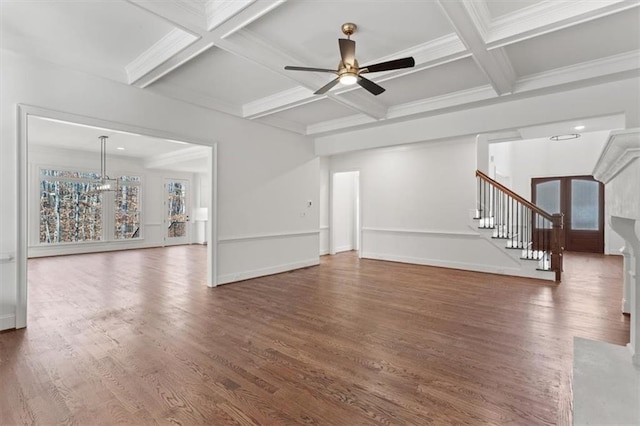 unfurnished living room featuring coffered ceiling, ceiling fan with notable chandelier, beam ceiling, and dark hardwood / wood-style floors