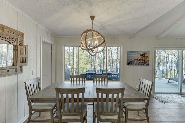 dining room with an inviting chandelier, hardwood / wood-style floors, a textured ceiling, and a wealth of natural light