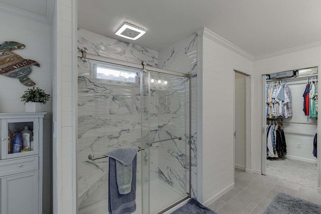 bathroom featuring walk in shower and crown molding