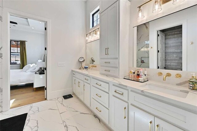 1455 Rucker Cir, Woodstock, GA 30188 - bathroom with plenty of natural light, a marble finish shower, a sink, and marble finish floor