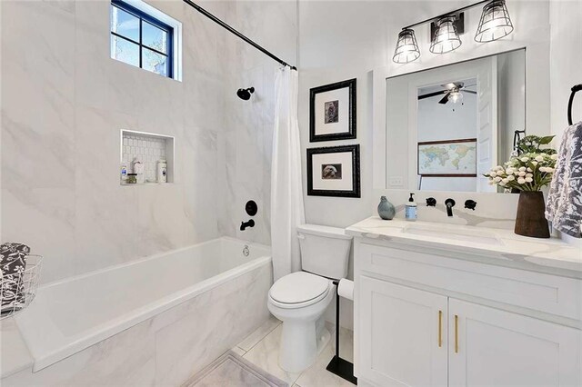 1455 Rucker Cir, Woodstock, GA 30188 - full bathroom with ceiling fan, toilet, vanity, and shower / tub combo with curtain