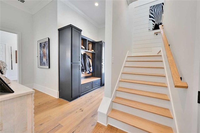 1455 Rucker Cir, Woodstock, GA 30188 - staircase with baseboards, wood finished floors, and recessed lighting