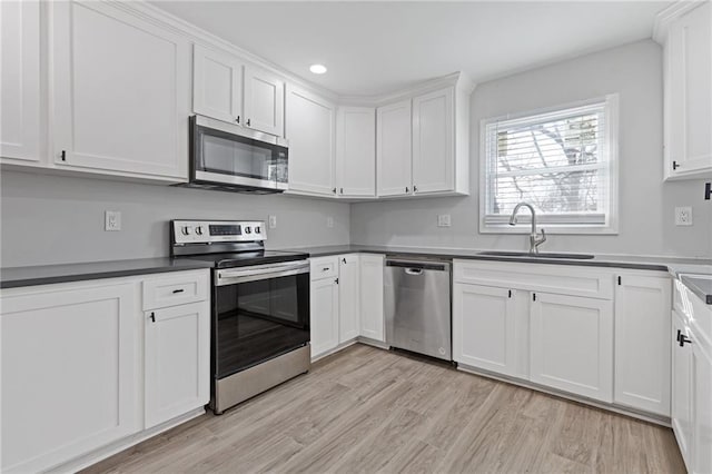 kitchen featuring white cabinetry, sink, light hardwood / wood-style flooring, and stainless steel appliances