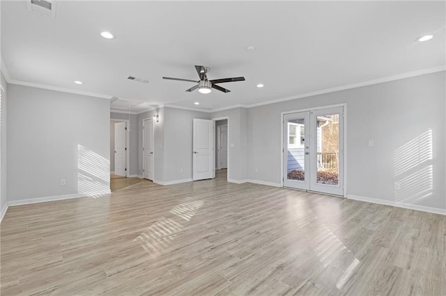 unfurnished living room featuring french doors, ornamental molding, and light wood-type flooring