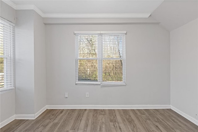 spare room featuring ornamental molding, wood-type flooring, and a wealth of natural light