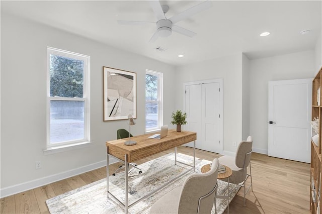 474 Maxwell Rd, Roswell, GA 30075 - home office featuring light wood-style floors, a ceiling fan, and recessed lighting