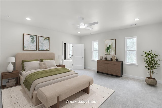474 Maxwell Rd, Roswell, GA 30075 - bedroom featuring light carpet, recessed lighting, and a ceiling fan