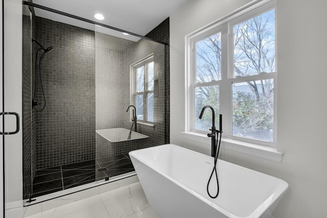 474 Maxwell Rd, Roswell, GA 30075 - full bath with a shower stall, a soaking tub, marble look tile flooring, and recessed lighting