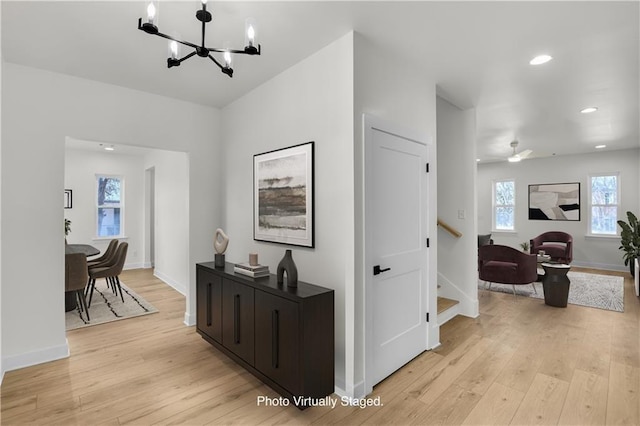 474 Maxwell Rd, Roswell, GA 30075 - hallway featuring a chandelier, stairs, light wood-style flooring, and recessed lighting